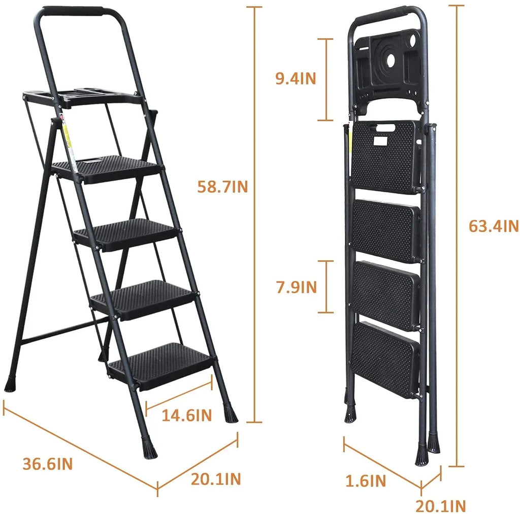 HBTower 4 Step Ladder with Handrails and Tool Bag, Folding Step Stool with Attachable  Anti-Slip Wide Pedal, Black