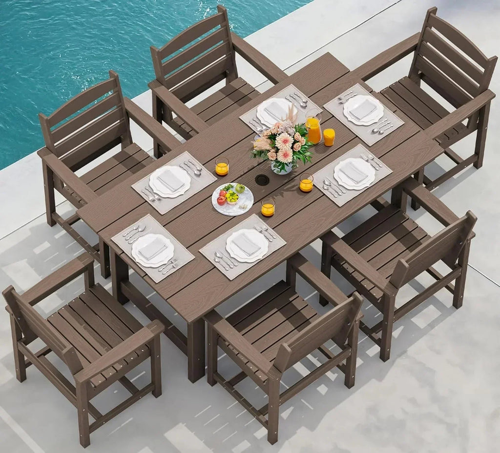 SERWALL 7-Piece Patio Table Set, Outdoor HDPE Dining Furniture with Umbrella Hole, All Weather Table and Chairs for Lawn, Garden, Poolside, Aruba