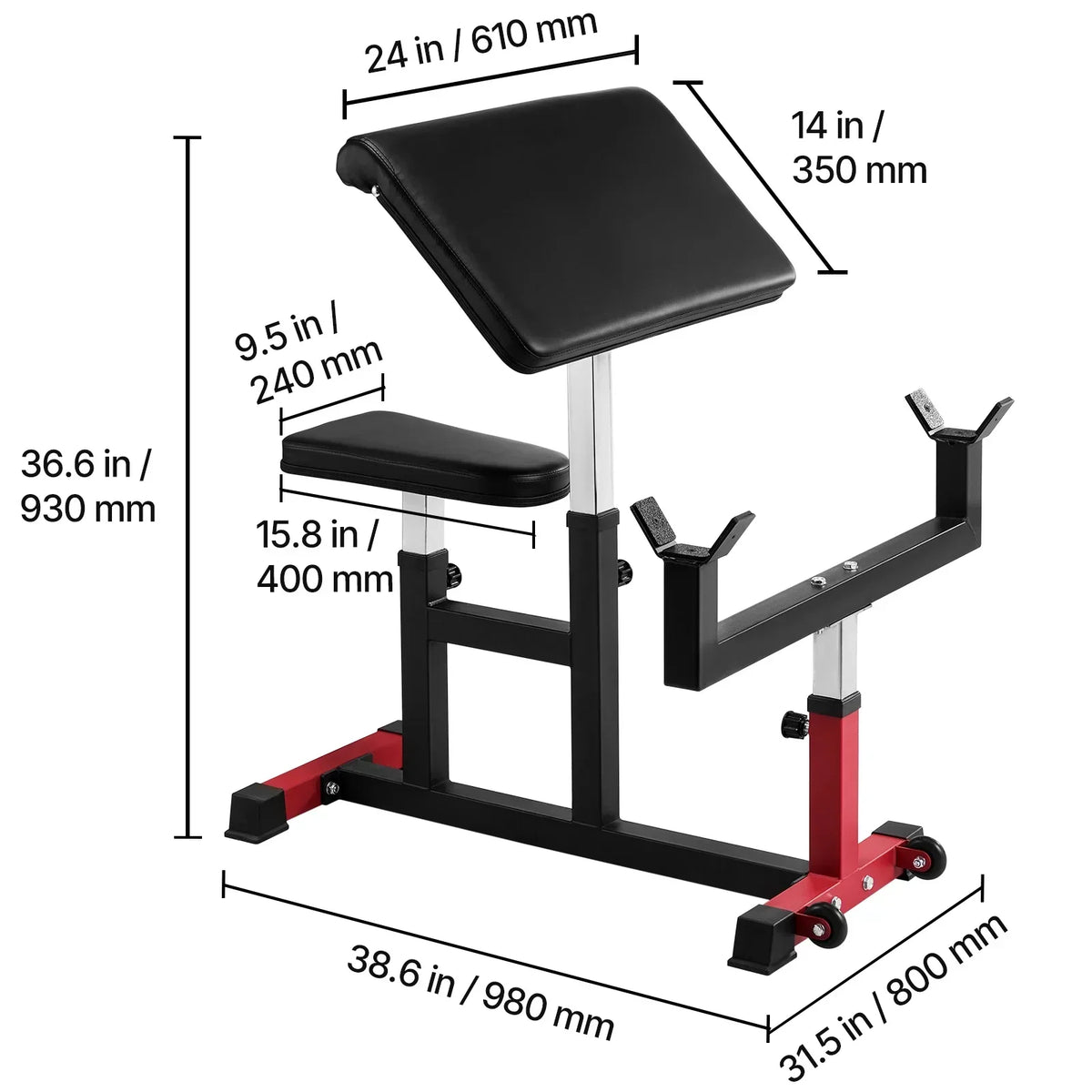 VEVOR Adjustable Preacher Curl Bench, 440 Lbs, Black+Red - AX1010