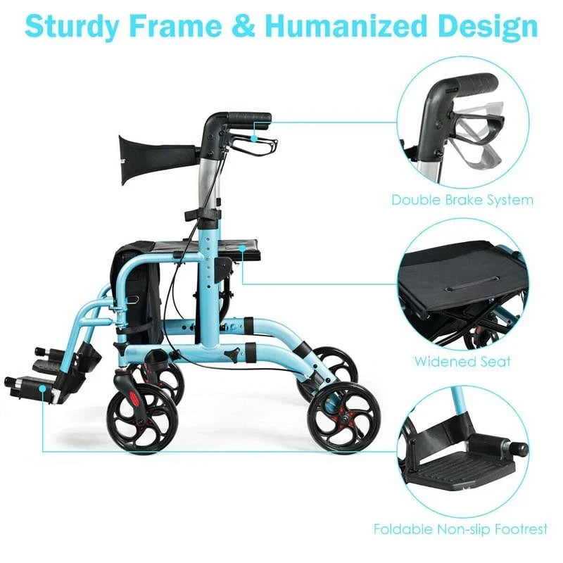 2 In 1 Rollator Walker Wheelchair Folding Medical Walker Aluminum Transport Chair Mobility Walking Aid - Comfortable And Ergonomic Design