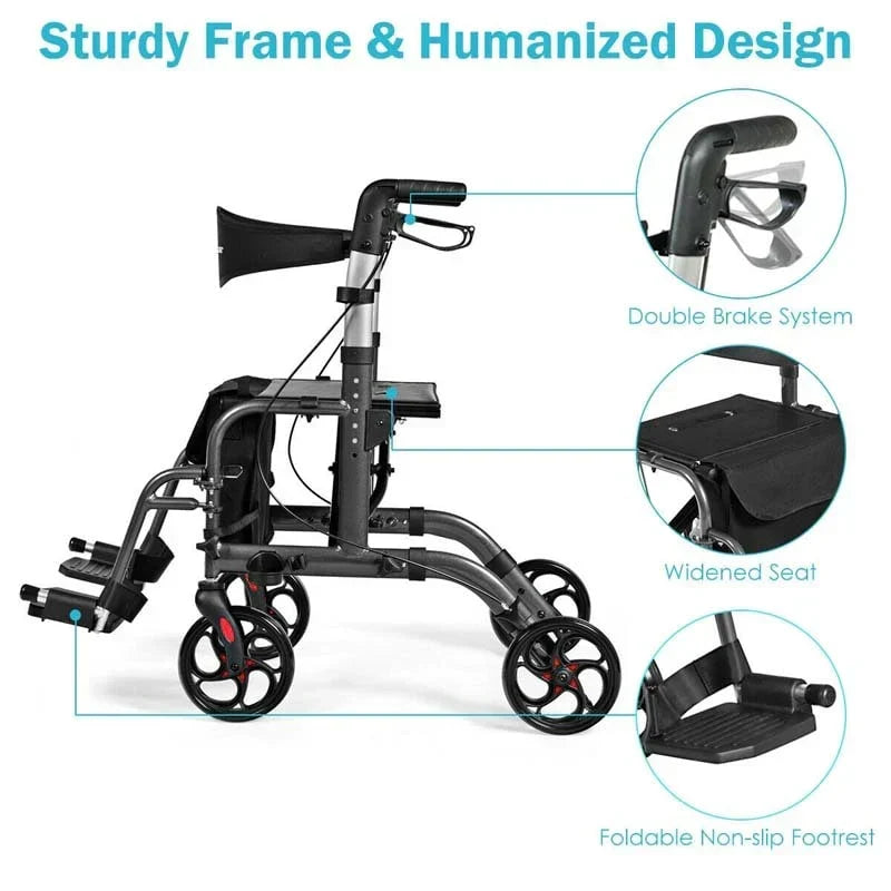 2 In 1 Rollator Walker Wheelchair Folding Medical Walker Aluminum Transport Chair Mobility Walking Aid - Comfortable And Ergonomic Design