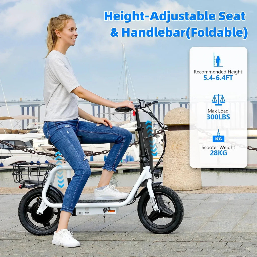 SANOPY Electric Scooter With Seat for Adults, 350W, 15 Miles, 20 Mph, 36V 5.2Ah, 14 inch Tire - Black
