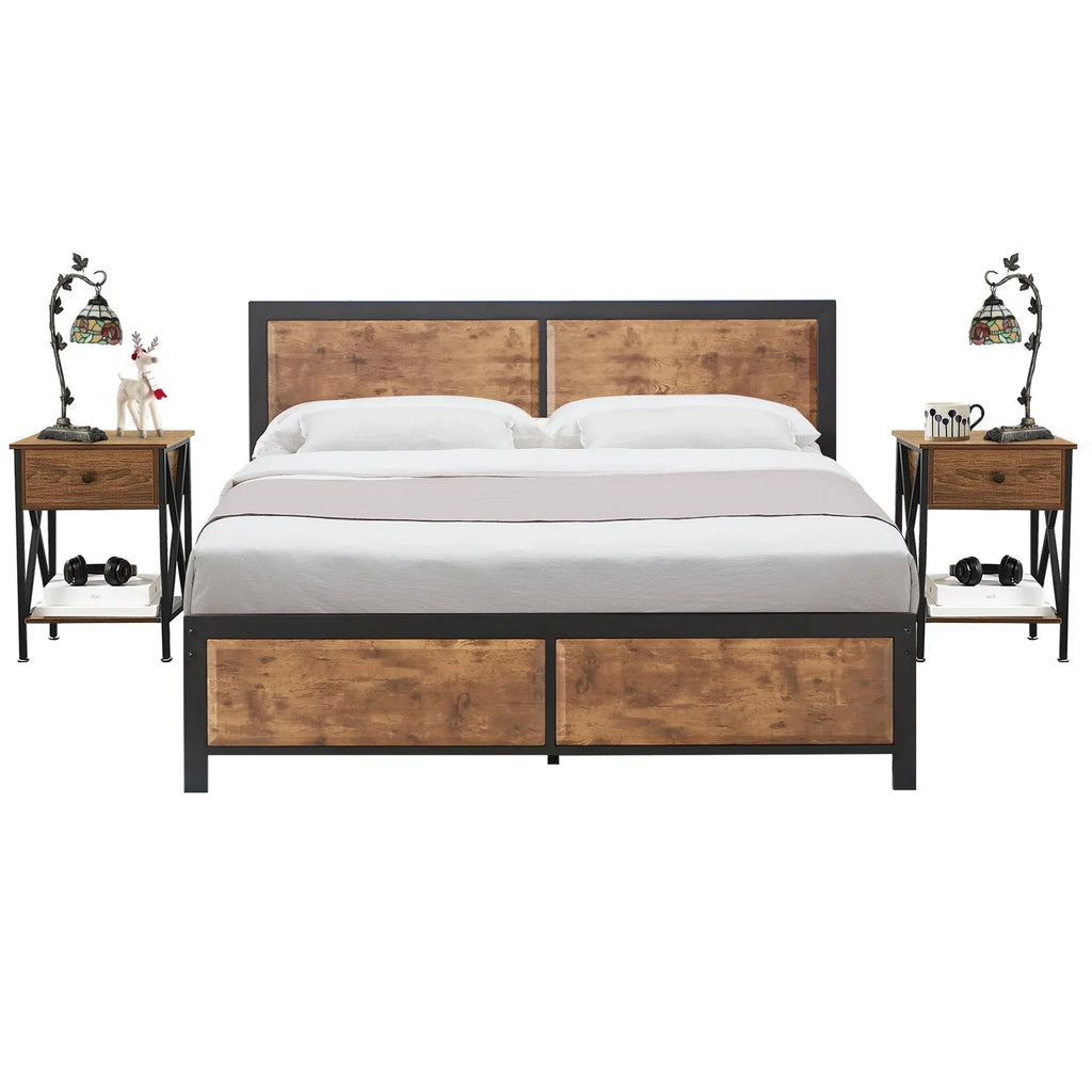 VECELO 3 - Piece Bedroom Set with Twin Size Bed Frame and 1 - Drawer Black Nightstands