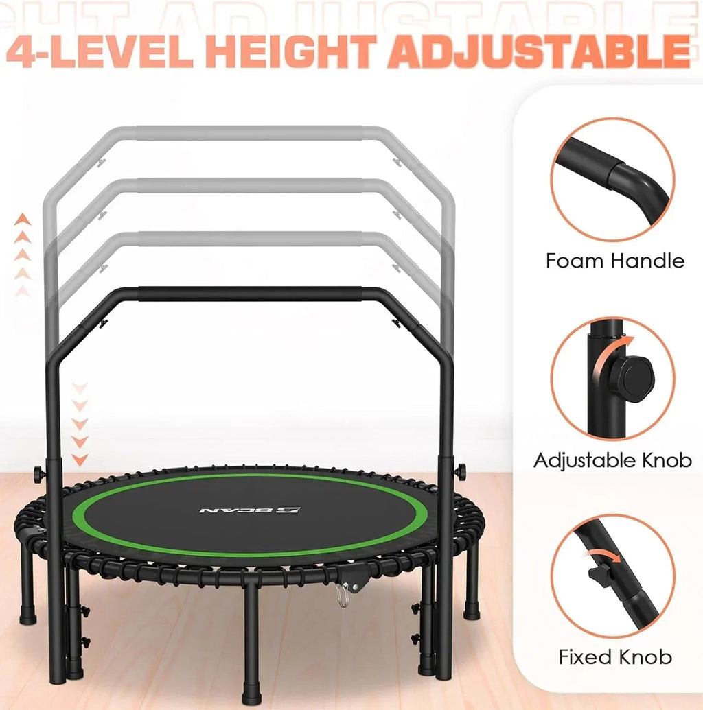 BCAN 450/550 LBS Foldable Mini Trampoline, 40"/48" Fitness Trampoline with Bungees, U Shape Adjustable Foam Handle, Stable & Quiet Exercise Rebounder for Adults Indoor/Outdoor Workout