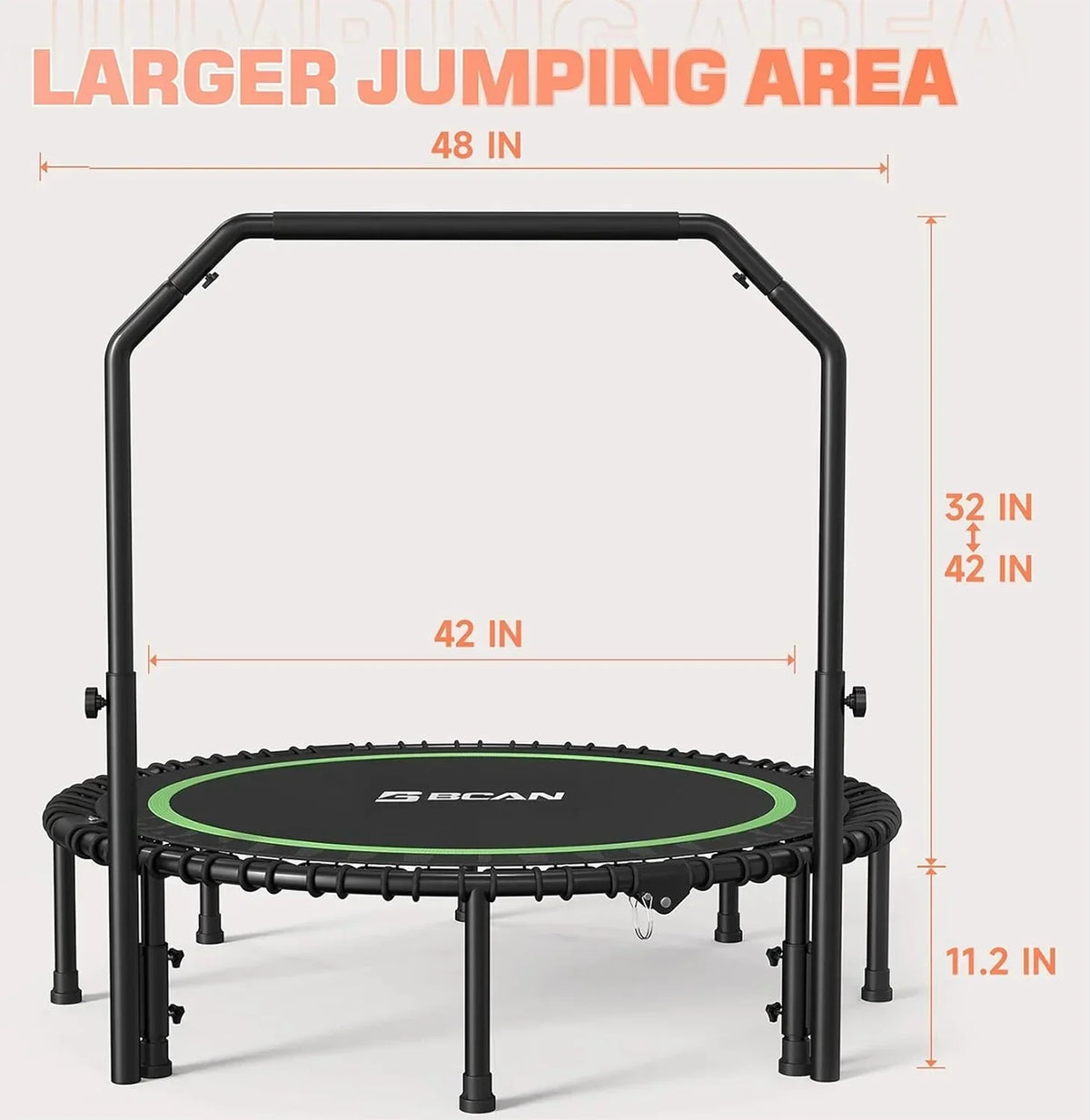 BCAN 450/550 LBS Foldable Mini Trampoline, 40"/48" Fitness Trampoline with Bungees, U Shape Adjustable Foam Handle, Stable & Quiet Exercise Rebounder for Adults Indoor/Outdoor Workout