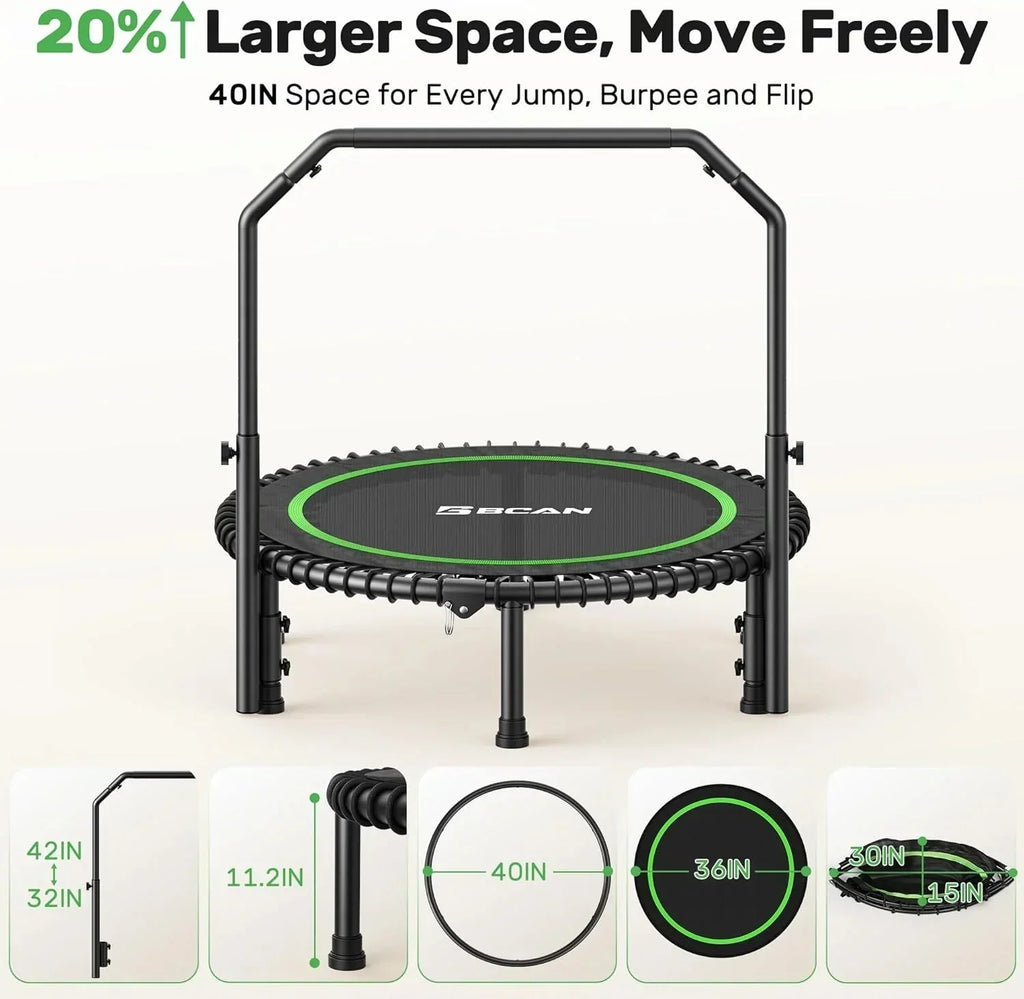 BCAN 450/550 LBS Foldable Mini Trampoline, 40"/48" Fitness Trampoline with Bungees, U Shape Adjustable Foam Handle, Stable & Quiet Exercise Rebounder for Adults Indoor/Outdoor Workout