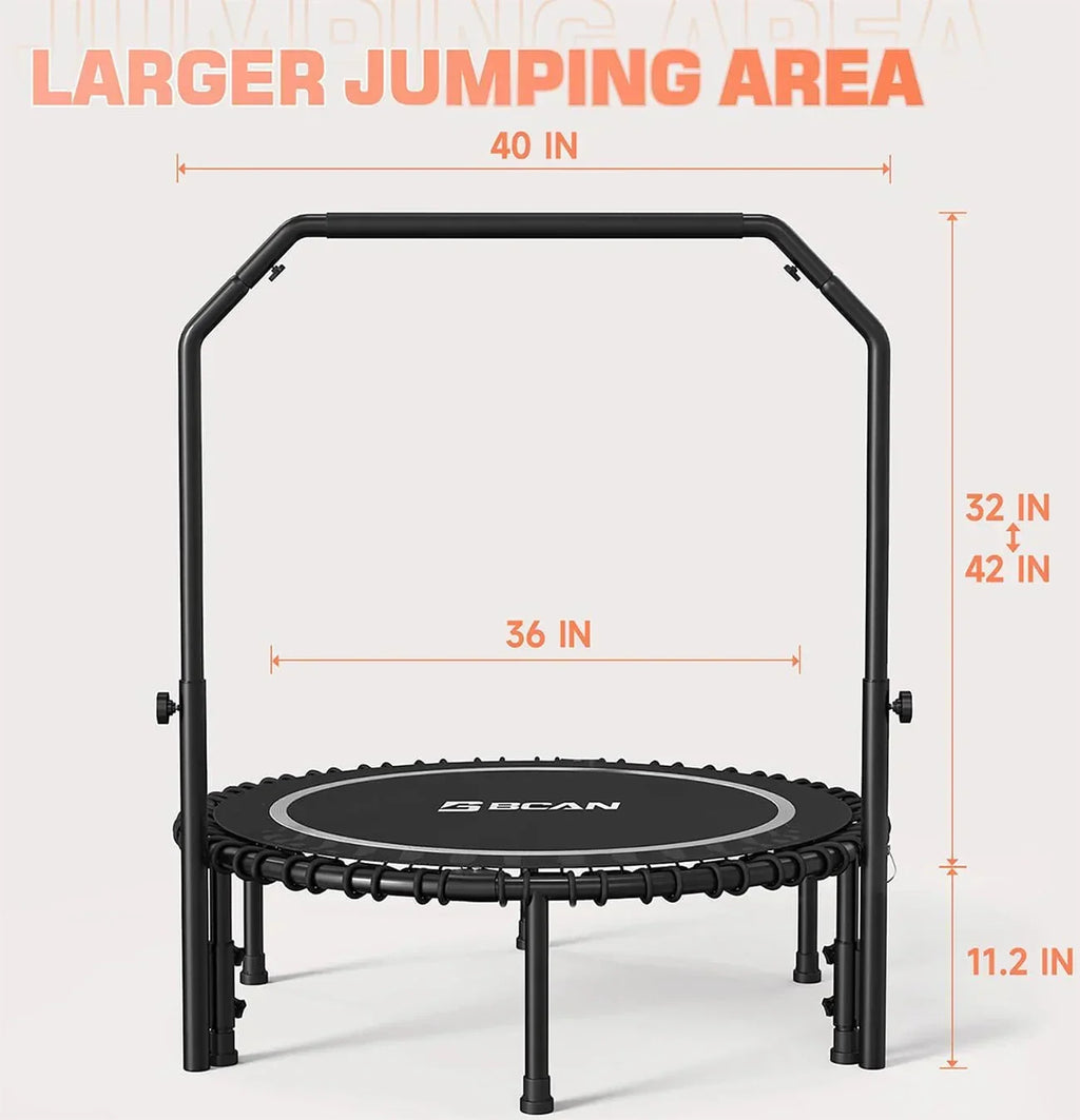 BCAN 450/550 LBS Foldable Mini Trampoline, 40"/48" Fitness Trampoline with Bungees, U Shape Adjustable Foam Handle, Stable & Quiet Exercise Rebounder for Adults Indoor/Outdoor Workout