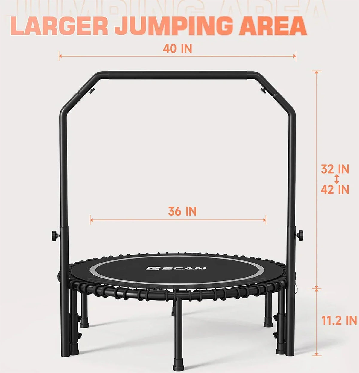 BCAN 450/550 LBS Foldable Mini Trampoline, 40"/48" Fitness Trampoline with Bungees, U Shape Adjustable Foam Handle, Stable & Quiet Exercise Rebounder for Adults Indoor/Outdoor Workout