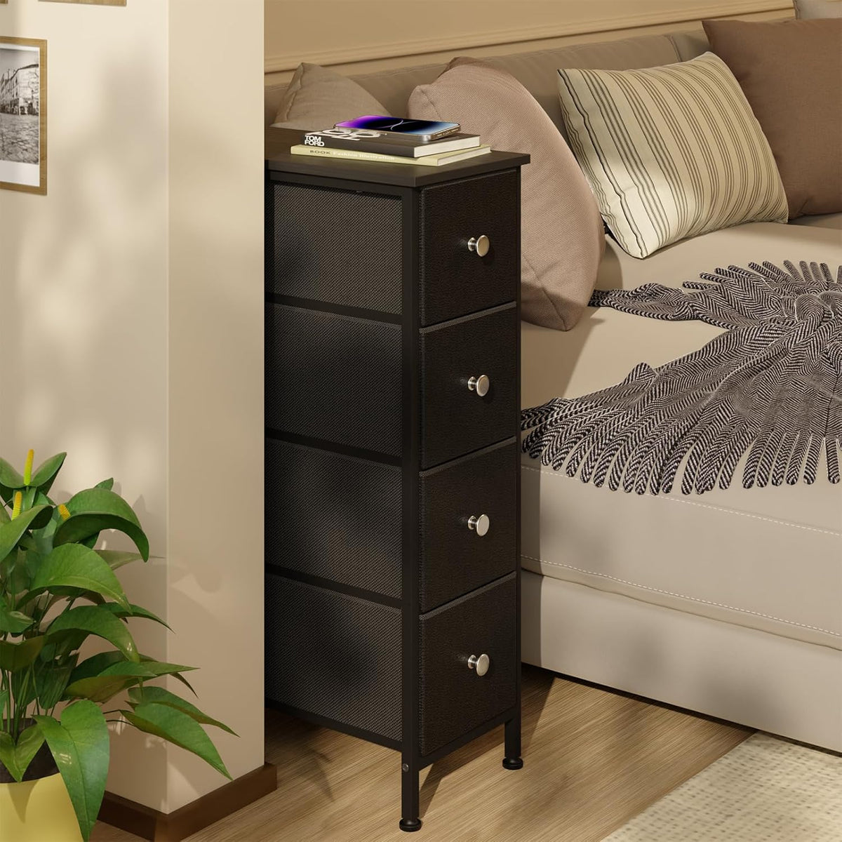 Black Narrow Storage Cabinet with 4 Fabric Drawers, Slim Storage Dresser