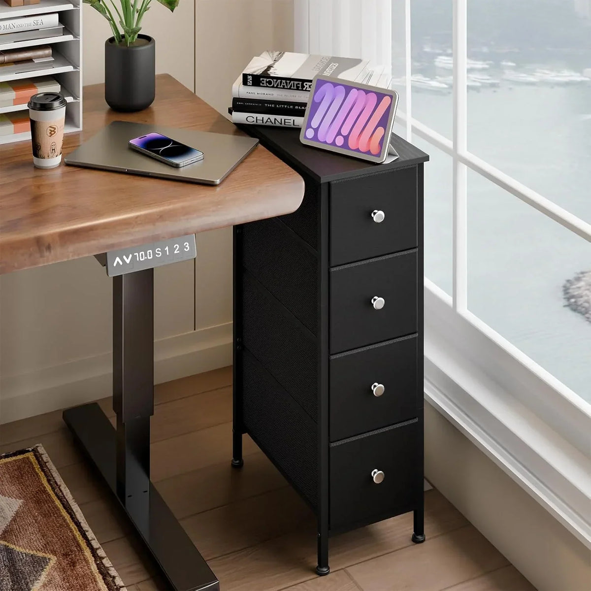 Black Narrow Storage Cabinet with 4 Fabric Drawers, Slim Storage Dresser