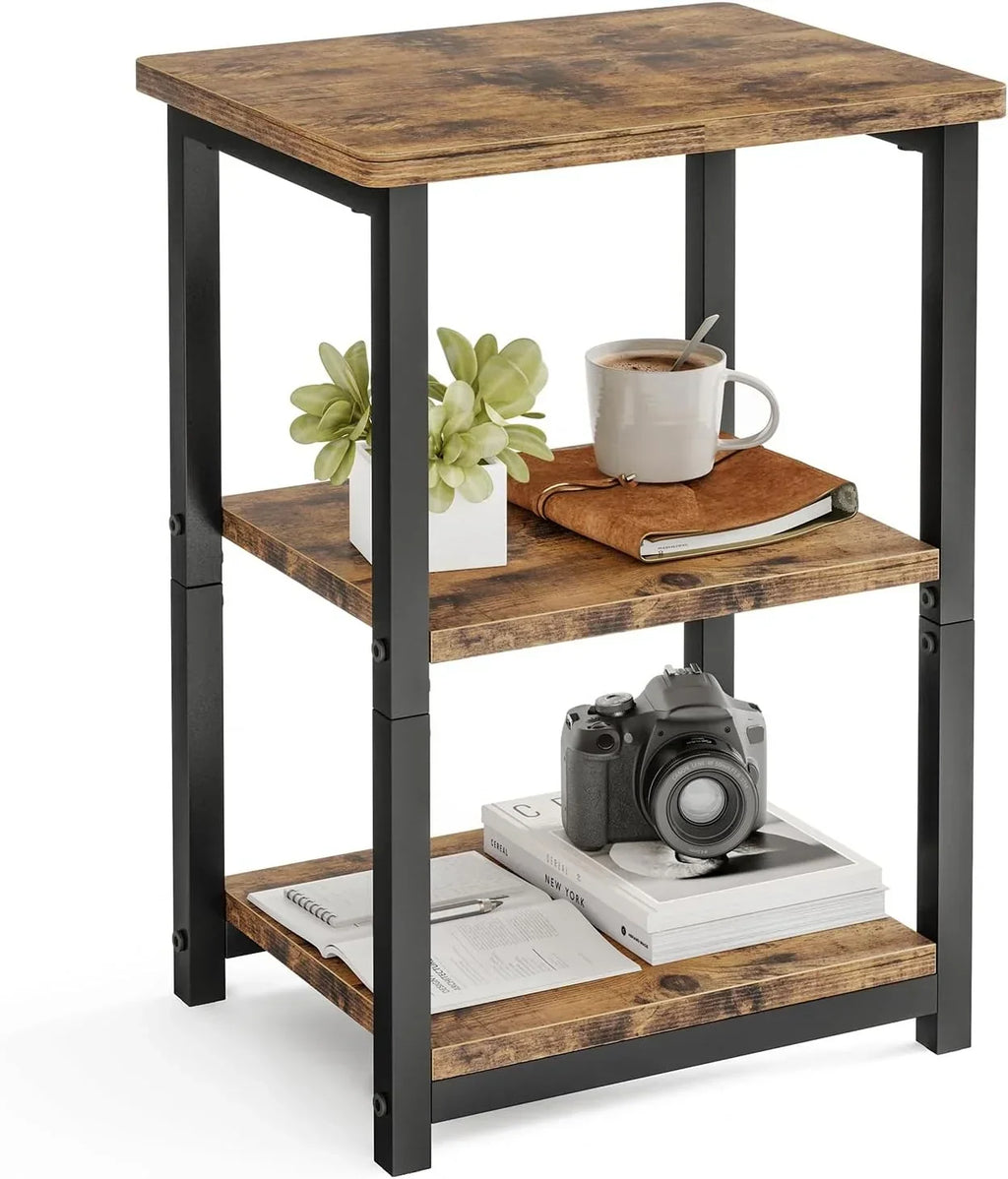 Rustic Brown Nightstand with Charging Station, 2 Fabric Drawers & Open Shelves