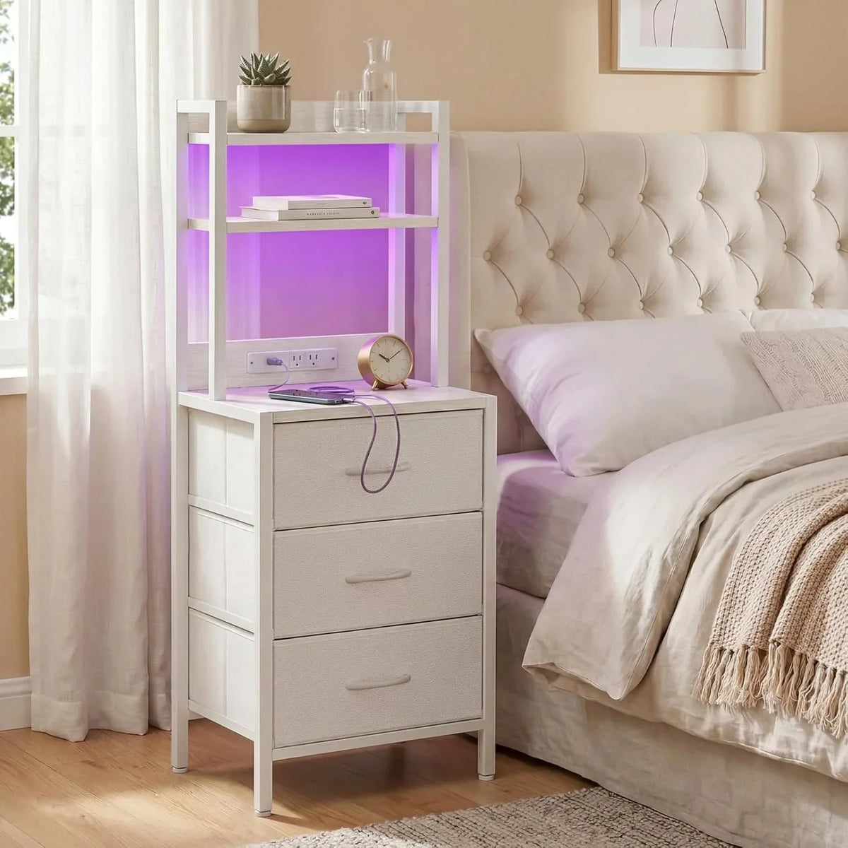 Tall White Nightstand with Charging Station, 3 Fabric Drawers, RGB LED & Bookshelf,White