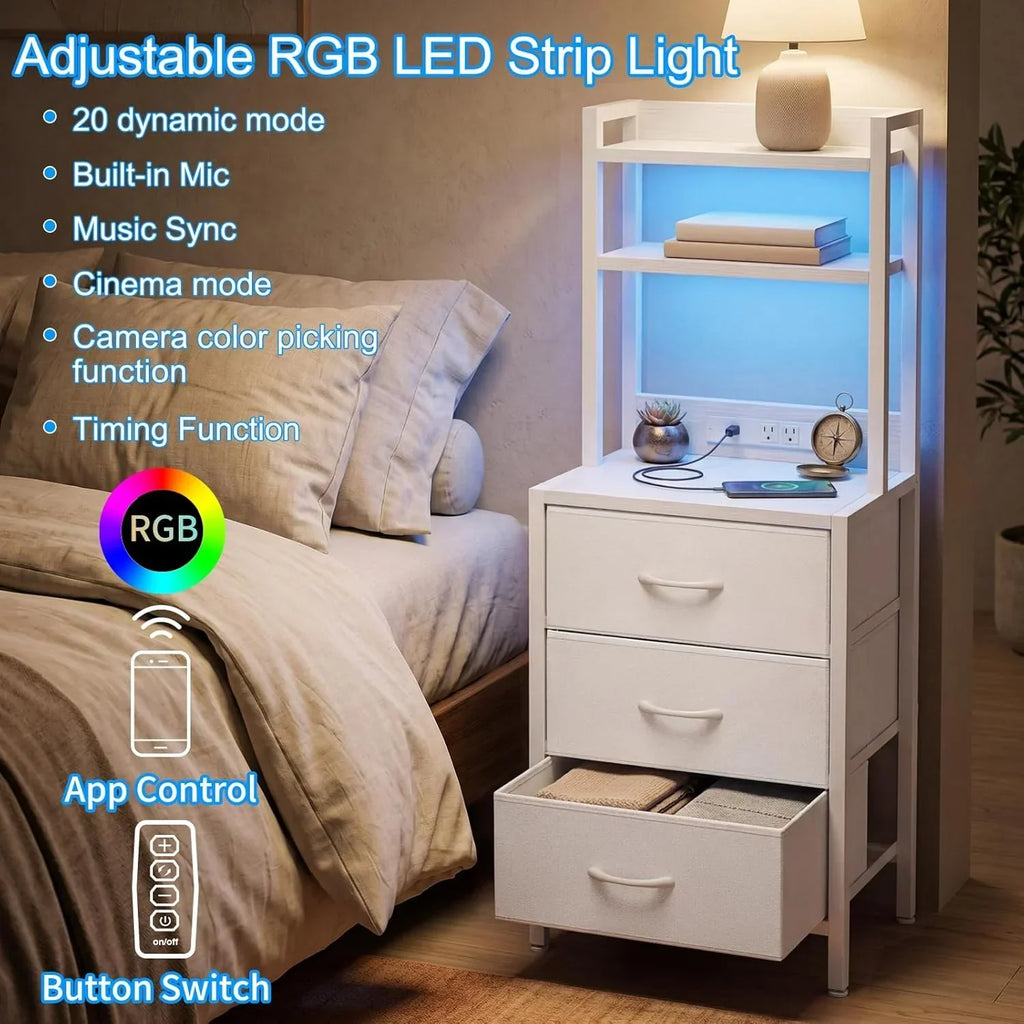 Tall White Nightstand with Charging Station, 3 Fabric Drawers, RGB LED & Bookshelf,White