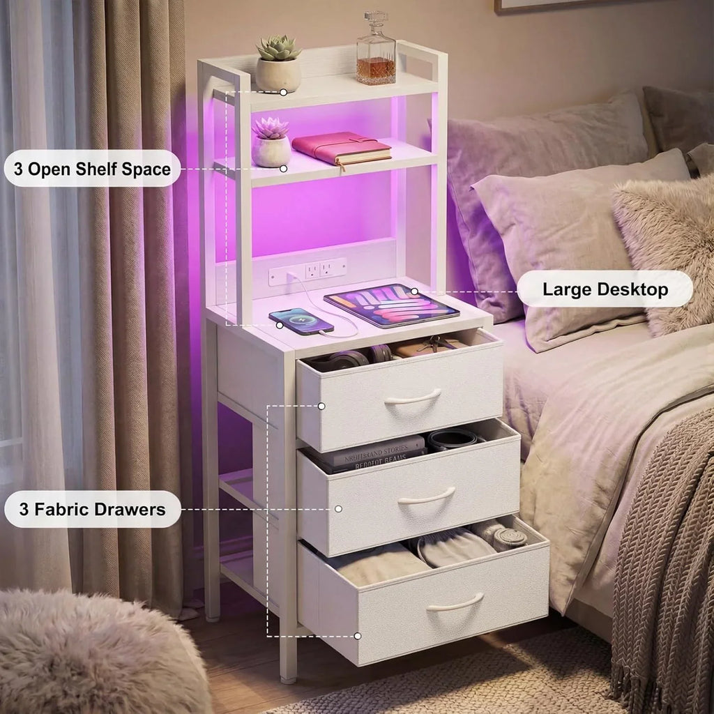 Tall White Nightstand with Charging Station, 3 Fabric Drawers, RGB LED & Bookshelf,White