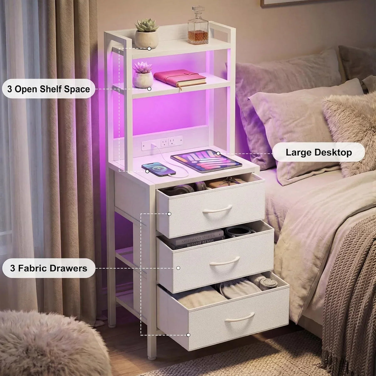 Tall White Nightstand with Charging Station, 3 Fabric Drawers, RGB LED & Bookshelf,White