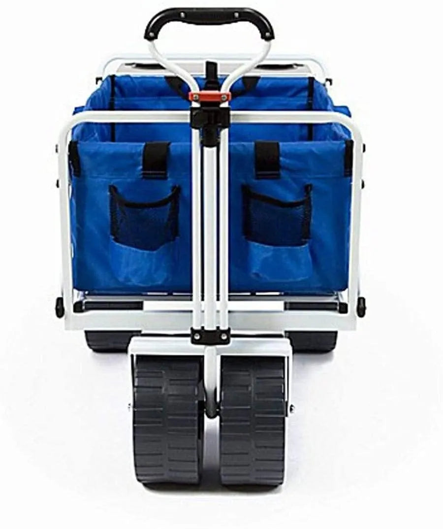 All Terrain Beach Wagon with Side Table|Heavy Duty Collapsible Folding Cart with Large Wheels for Beach Day, Picnic, Camping, Outdoor Activities | Blue/White
