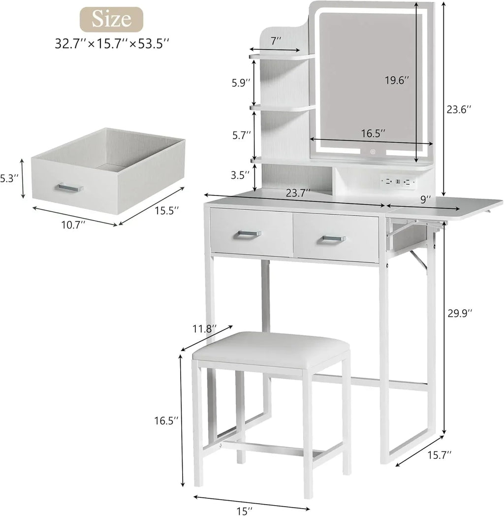 Fixwal Small Makeup Vanity Table with LED Mirror, 4 Drawers & Charging Station, White