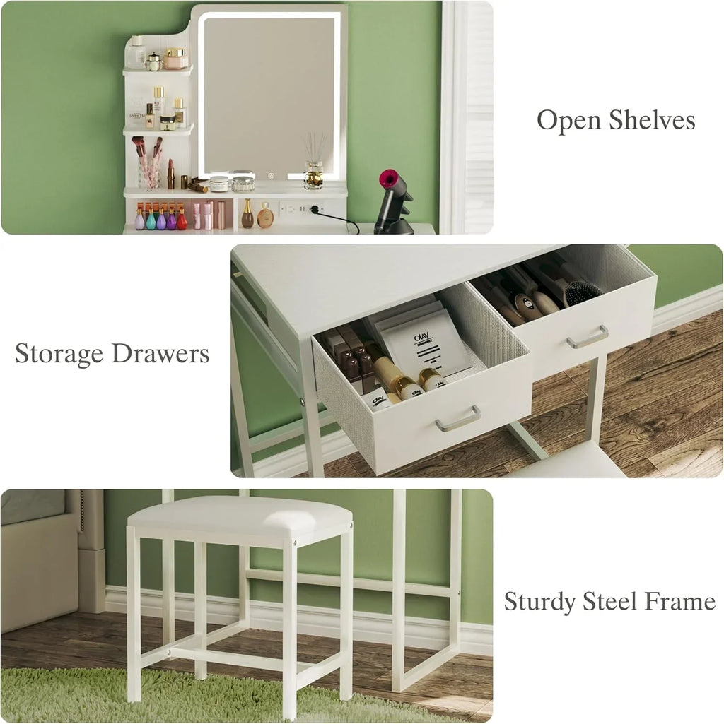 Fixwal Small Makeup Vanity Table with LED Mirror, 4 Drawers & Charging Station, White