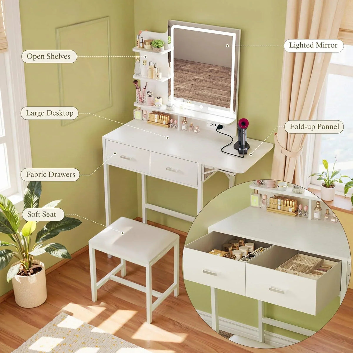 Fixwal Small Makeup Vanity Table with LED Mirror, 4 Drawers & Charging Station, White