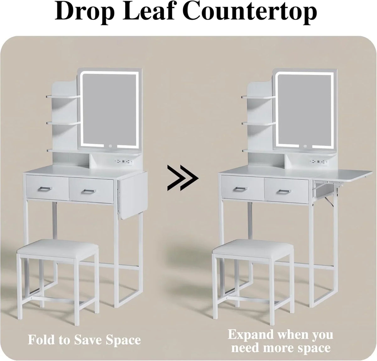 Fixwal Small Makeup Vanity Table with LED Mirror, 4 Drawers & Charging Station, White