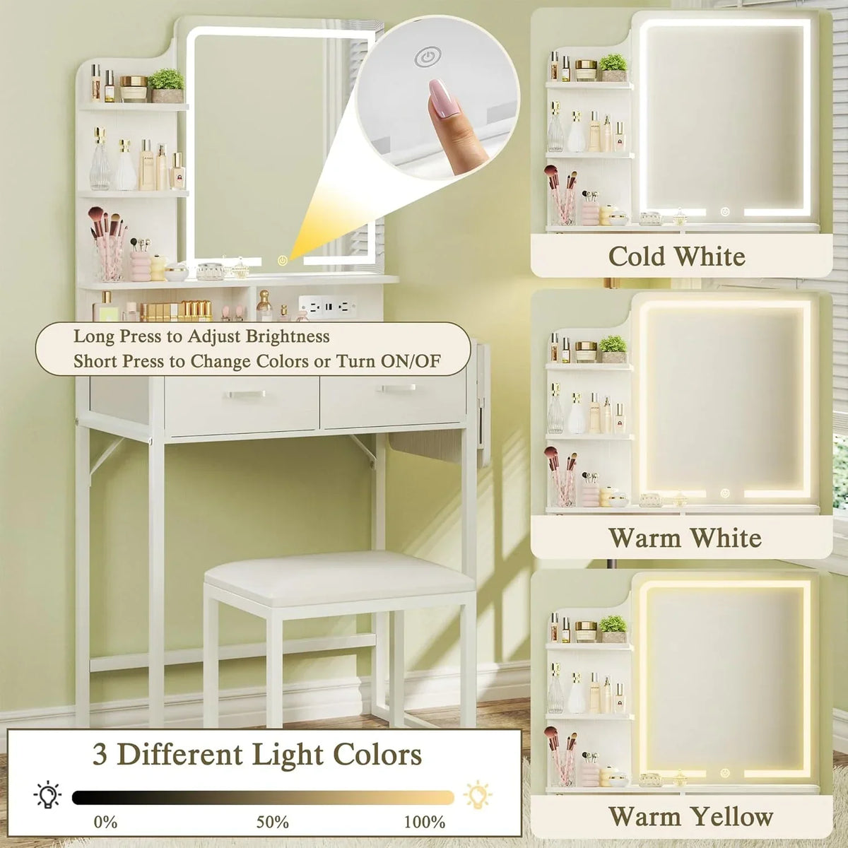 Fixwal Small Makeup Vanity Table with LED Mirror, 4 Drawers & Charging Station, White