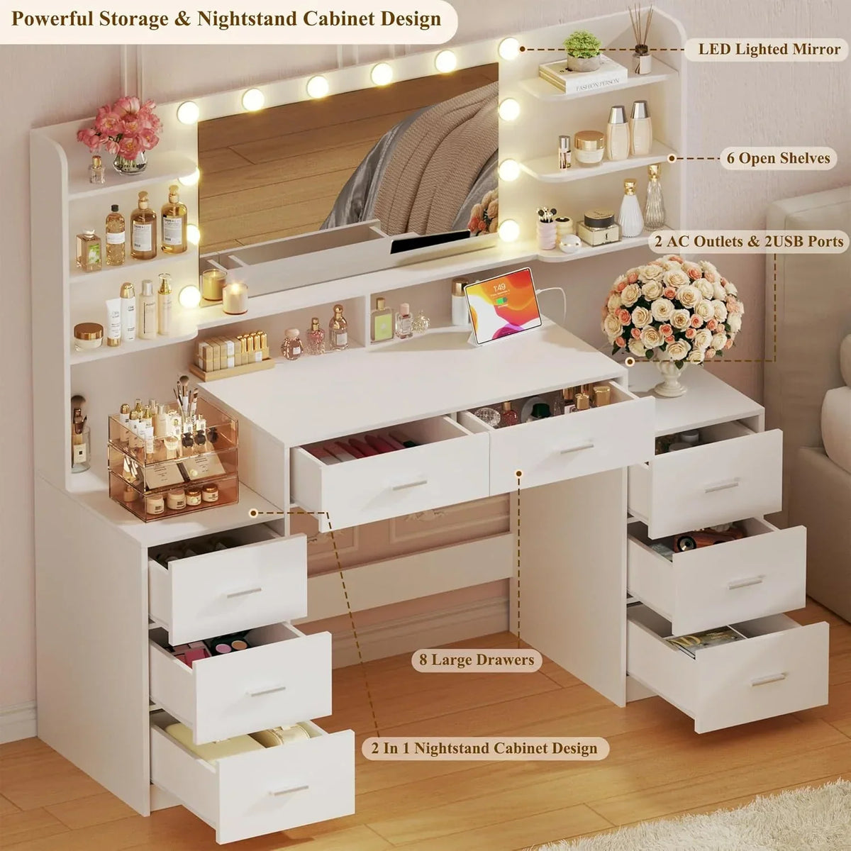 Fixwal 54.3" Professional Makeup Vanity Table with 8 Drawers, LED Hollywood Mirror & Charging Station, White