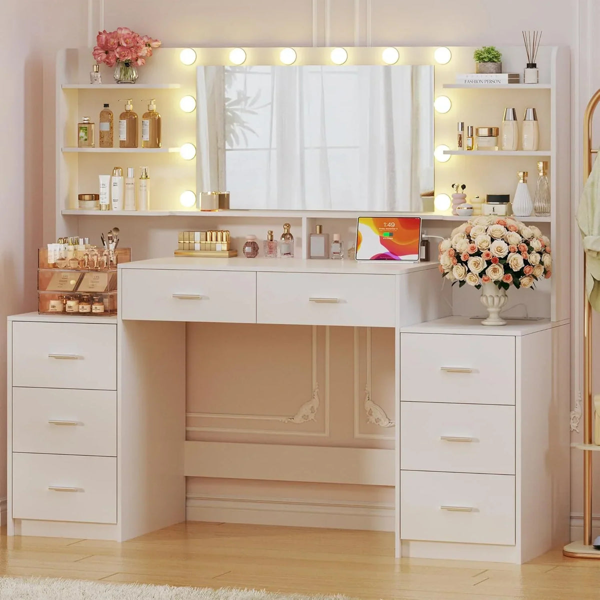 Fixwal 54.3" Professional Makeup Vanity Table with 8 Drawers, LED Hollywood Mirror & Charging Station, White