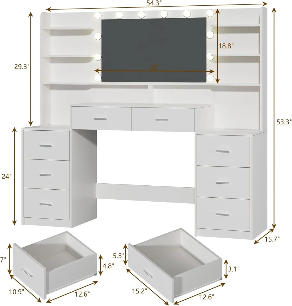 Fixwal 54.3" Professional Makeup Vanity Table with 8 Drawers, LED Hollywood Mirror & Charging Station, White