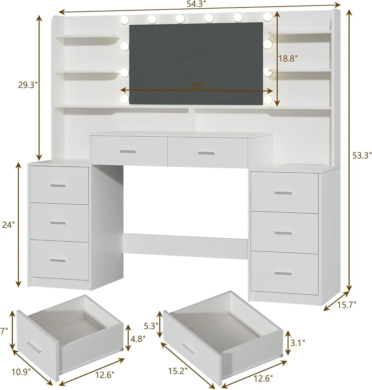Fixwal 54.3" Professional Makeup Vanity Table with 8 Drawers, LED Hollywood Mirror & Charging Station, White