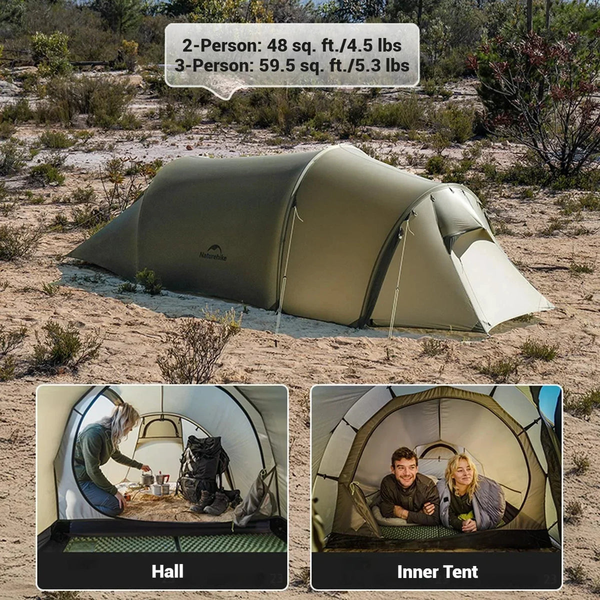Naturehike Baluosi UL Ultralight Tunnel Hiking Tent, 15D, 2/3 Person, Olive Green - CNK2450WS036