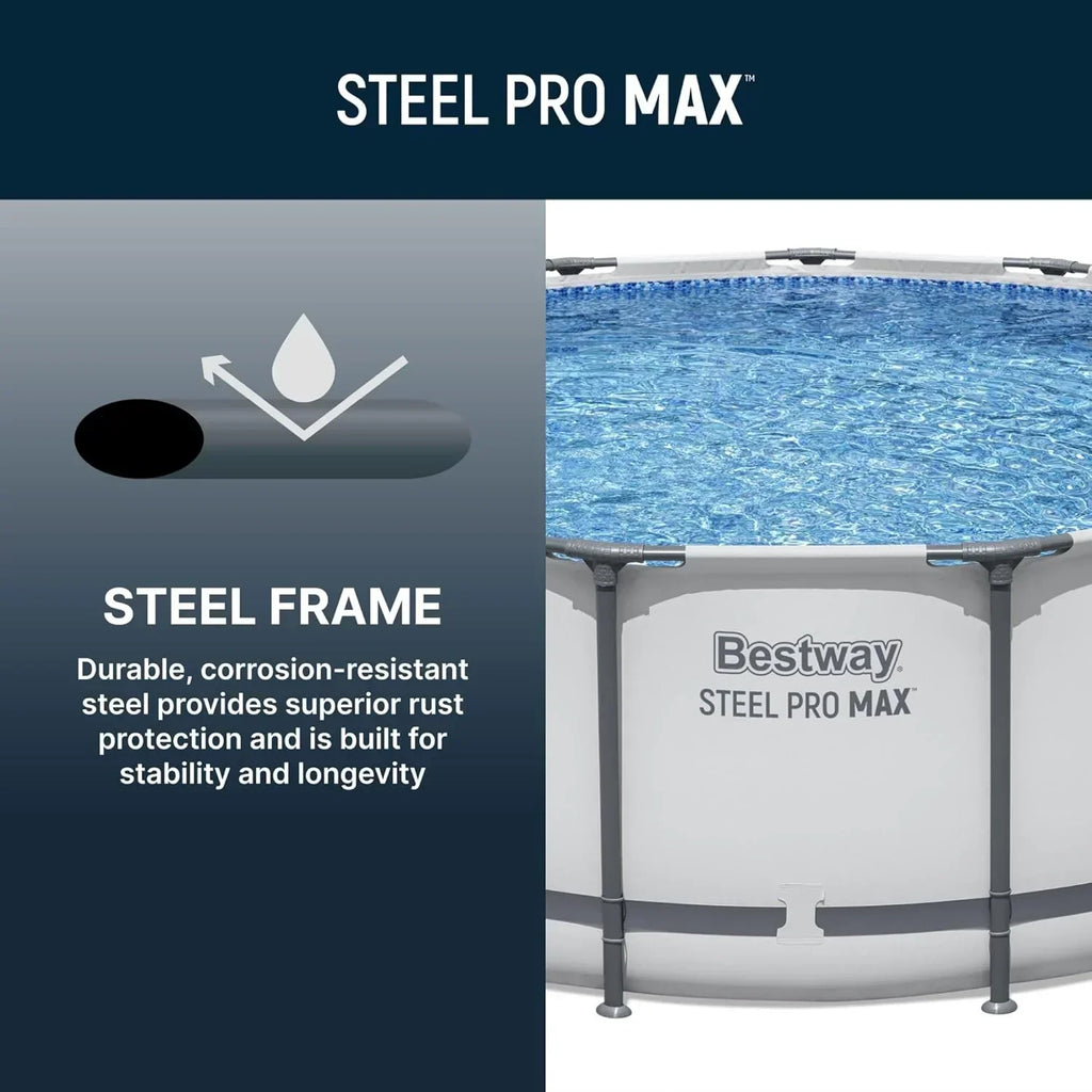 Steel Pro MAX 14 Foot x 48 Inch Round Metal Frame Above Ground Outdoor Swimming Pool Set with 1,000 Filter Pump, Ladder, and Cover, Gray