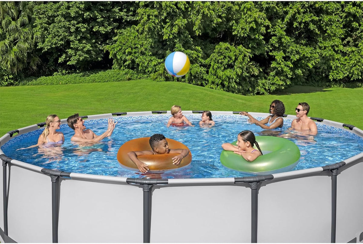 Steel Pro MAX 14 Foot x 48 Inch Round Metal Frame Above Ground Outdoor Swimming Pool Set with 1,000 Filter Pump, Ladder, and Cover, Gray