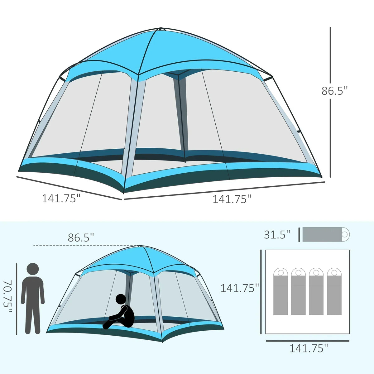Outsunny 12' x 12' 8 Person Screen House Tent With Carry Bag And 4 Mesh Walls - Sky Blue