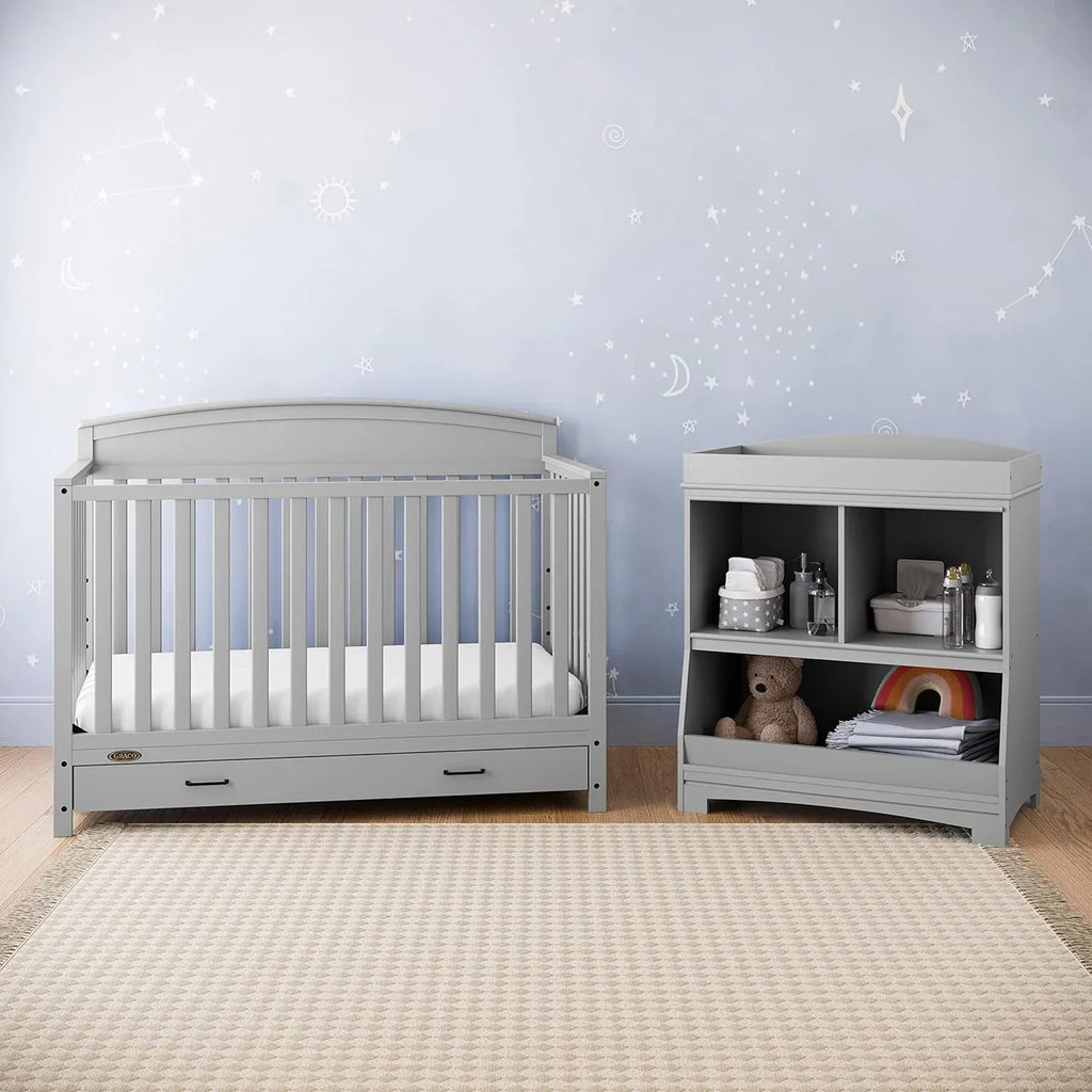 5-in-1 Convertible Baby Bed (with drawers, white) - Green Guardian Gold Certification, built-in baby bed storage drawer, convertible to toddler bed, day bed and full-size bed