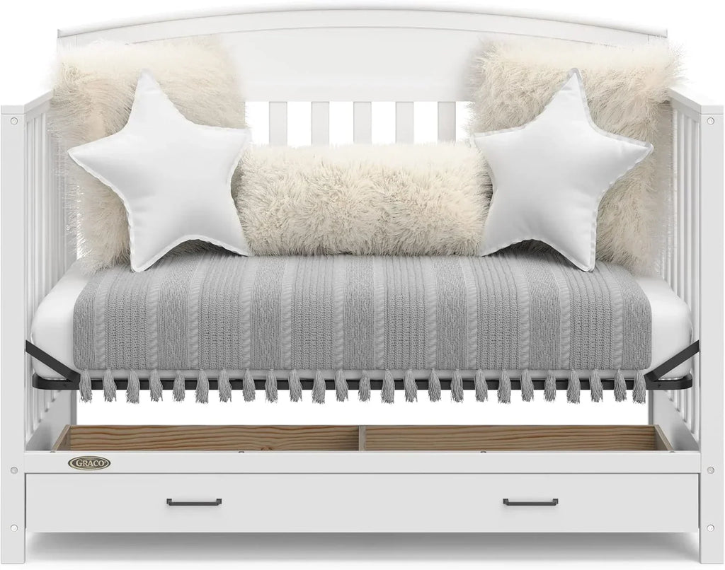5-in-1 Convertible Baby Bed (with drawers, white) - Green Guardian Gold Certification, built-in baby bed storage drawer, convertible to toddler bed, day bed and full-size bed