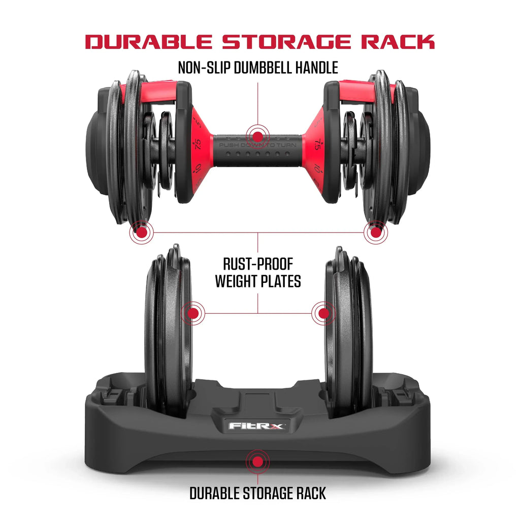 FitRx SmartBell Adjustable Dumbbell Set, 2-Pack, 25lb, 9-in-1 Quick-Select Weights, 2.5lb Increments