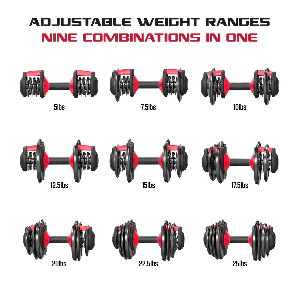 FitRx SmartBell Adjustable Dumbbell Set, 2-Pack, 25lb, 9-in-1 Quick-Select Weights, 2.5lb Increments