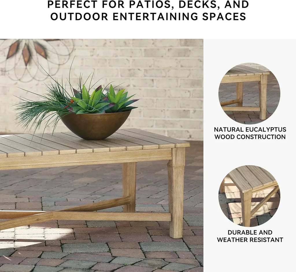 Signature Design by Ashley Clare View Coastal Outdoor Patio Eucalyptus Sofa with Cushions, Beige