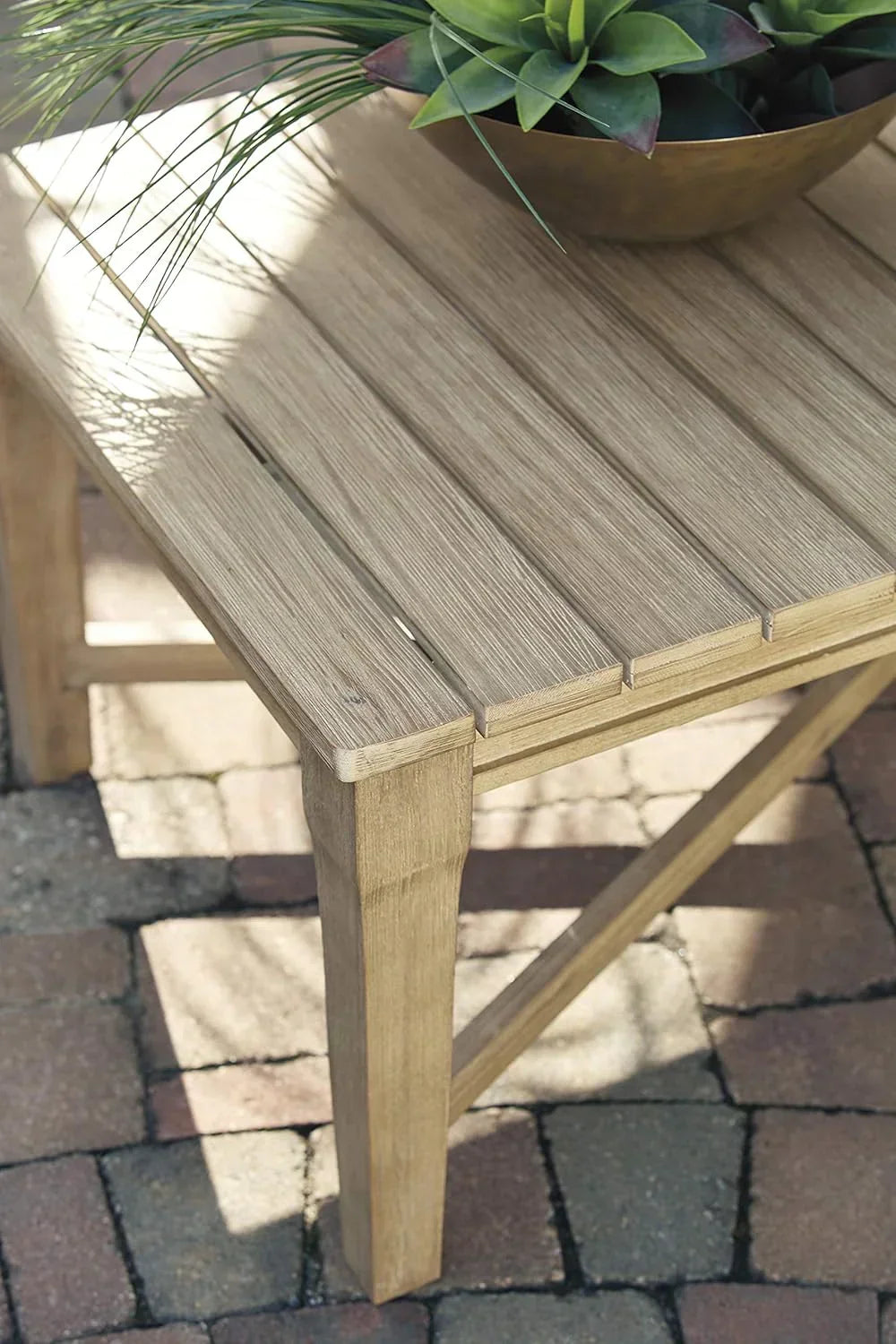 Signature Design by Ashley Clare View Coastal Outdoor Patio Eucalyptus Sofa with Cushions, Beige