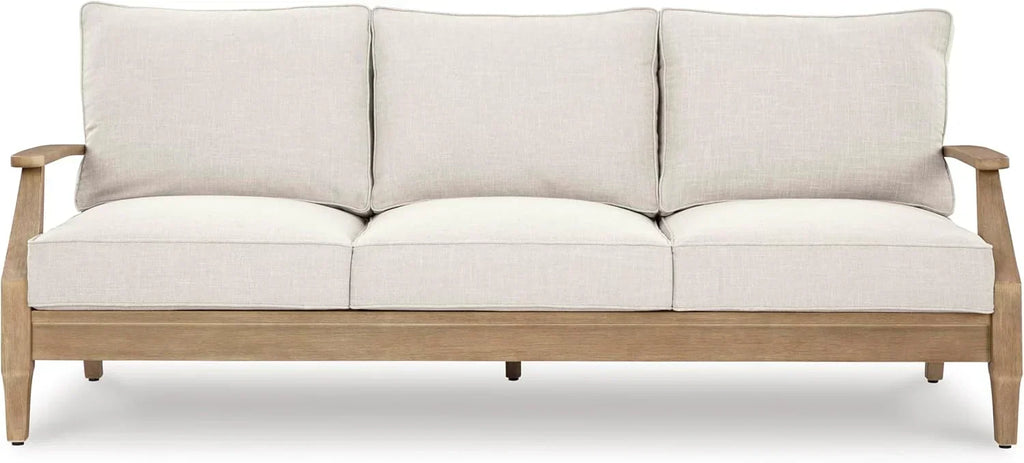 Signature Design by Ashley Clare View Coastal Outdoor Patio Eucalyptus Sofa with Cushions, Beige