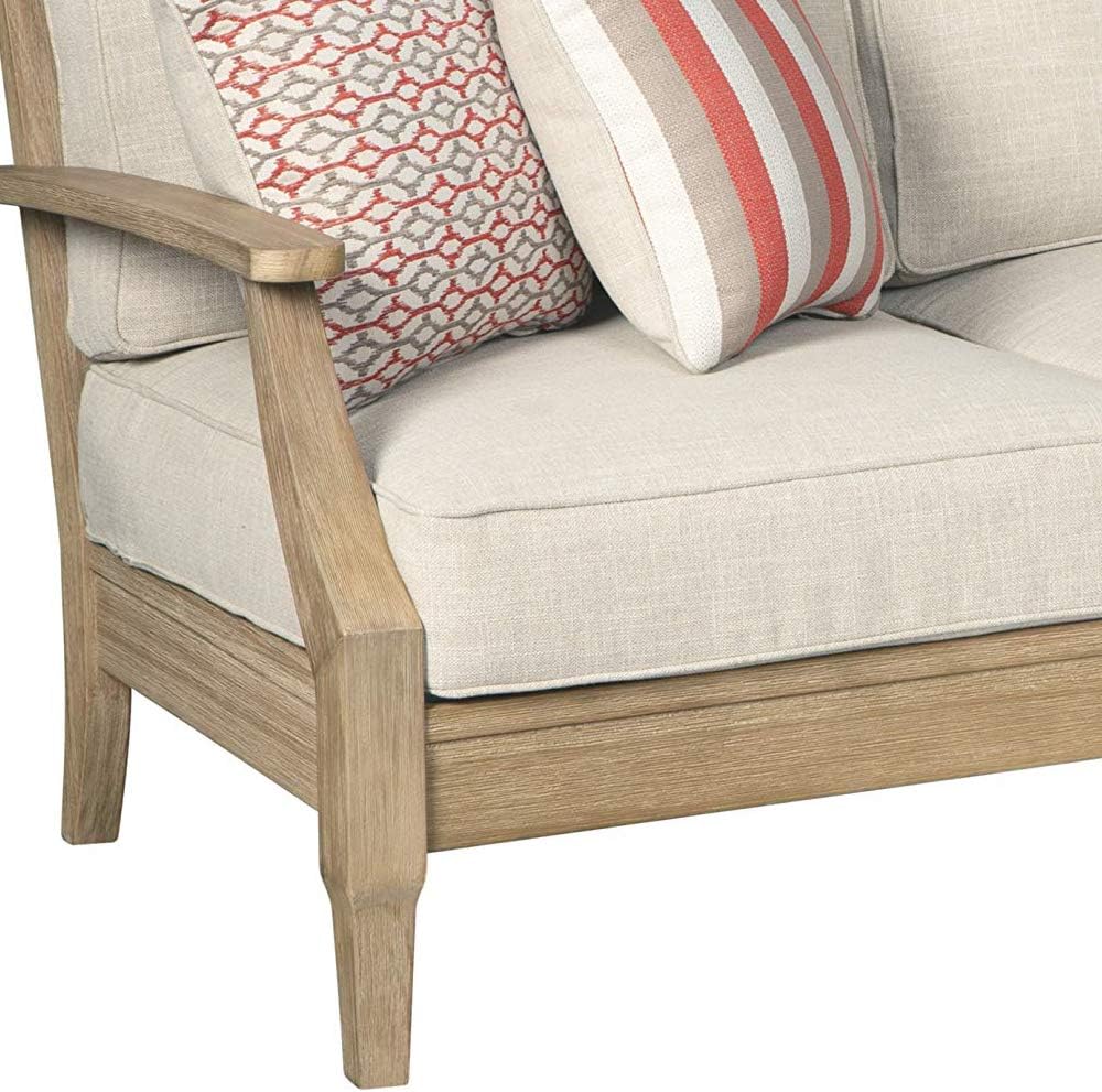 Signature Design by Ashley Clare View Coastal Outdoor Patio Eucalyptus Sofa with Cushions, Beige