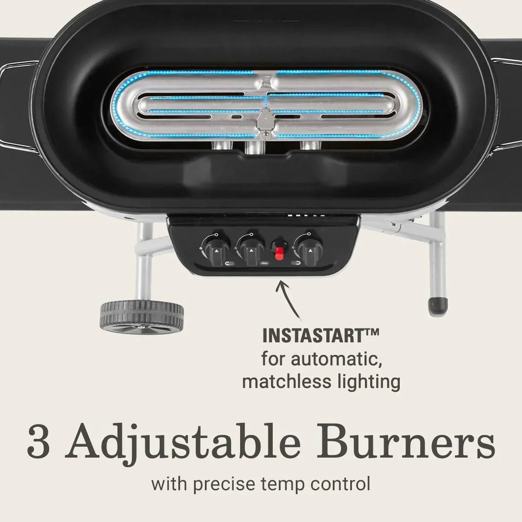 RoadTrip 285 Portable Stand-Up Propane Grill with 3 Adjustable Burners & Instastart Ignition, 20,000 BTUs of Power for Outdoor Cooking, Camping, Tailgating, Grilling, BBQs, & More