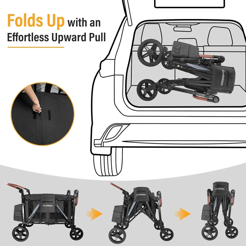 All-Terrain 4 Seater Wagon Stroller for Kids - Heavy-Duty 300lb Capacity, One-Hand Fold Design, High Seats with 5-Point Harness, Adjustable Canopy and Handlebars, Light Grey