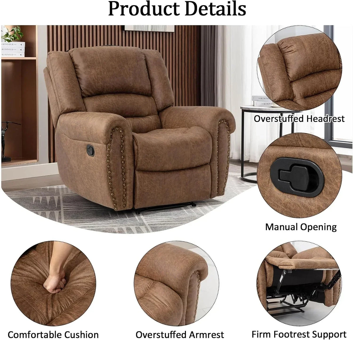 CANMOV Leather Recliner Chair, Classic and Traditional Manual Recliner Chair with Comfortable Arms and Back Single Sofa for Living Room, Nut Brown