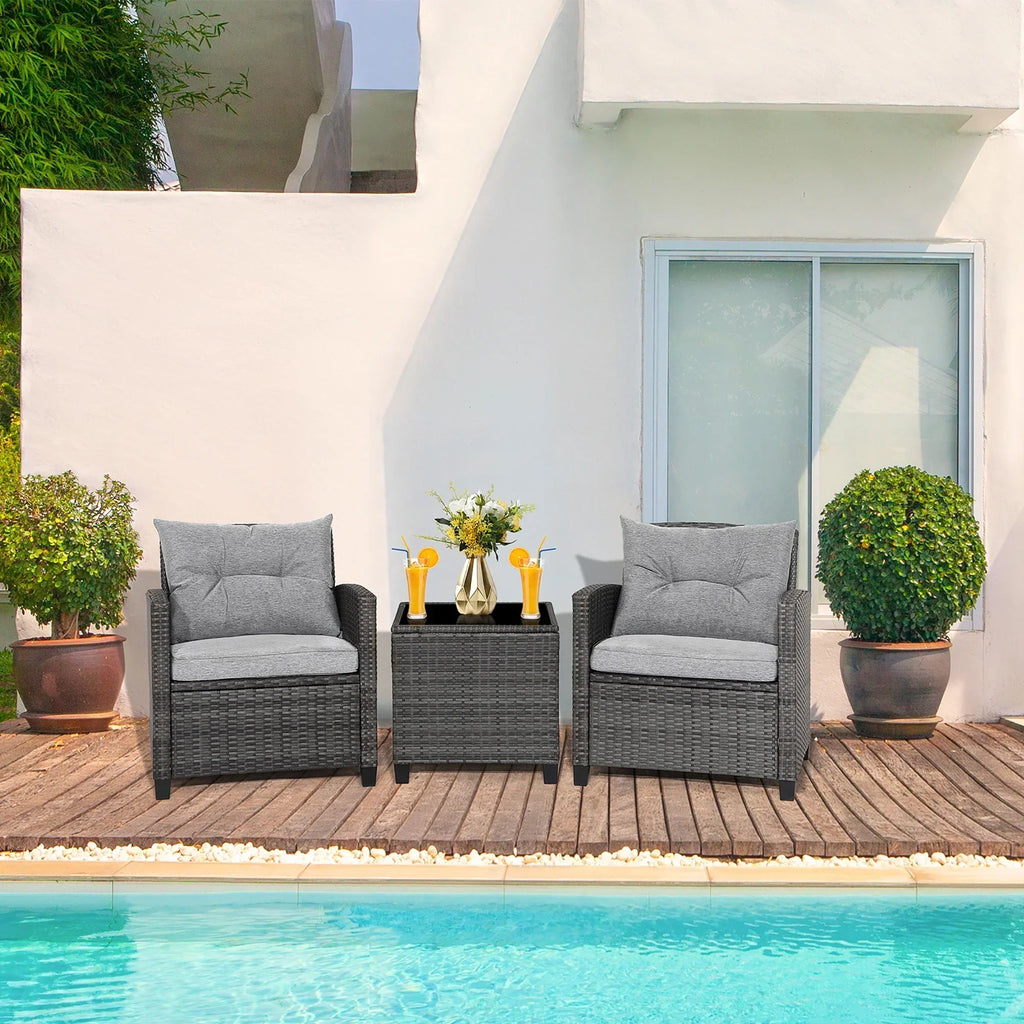 Gymax 3PCS Patio Rattan Sofa Set Outdoor Wicker Conversation Set Glass Tabletop w/ Grey Cushion