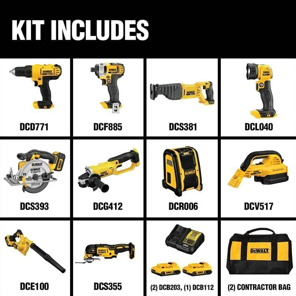 DEWALT 20V MAX 10-Tool Combo Kit With Batteries And Charger - DCD771 DCF885 DCE100 DCL040 DCR006 DCS355B DCG412B DCS393B DCS381B DCV517B