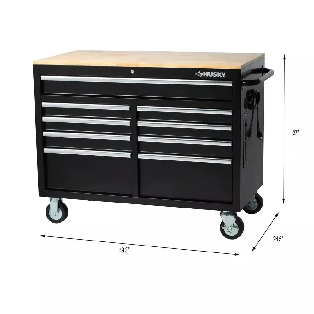 Gloss Black 46′′ 9-Drawer Mobile Tool Chest Workbench with Power Strip & Solid Wood Top