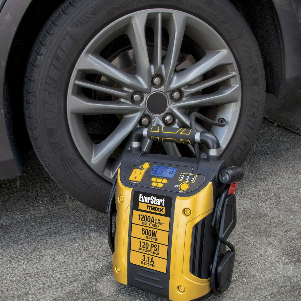 J5CPDE Jump Starter, Power Station, 1200 Peak Battery Amps with 500W Inverter and 120 PSI Compressor