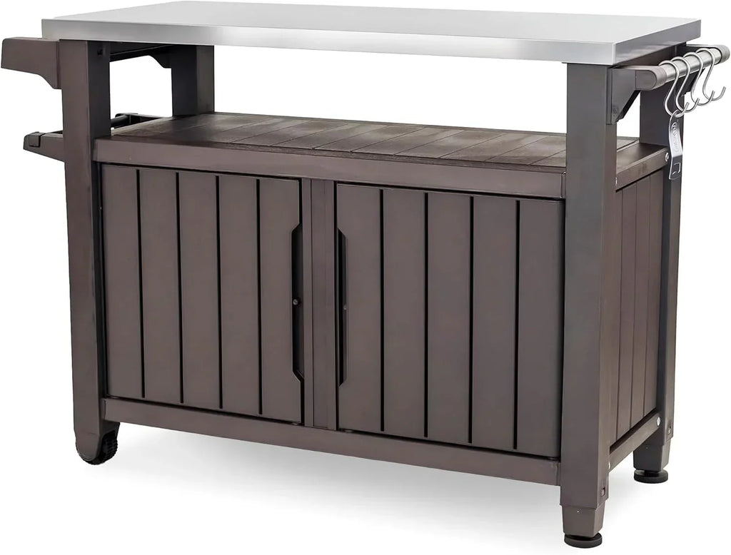 Keter Outdoor Rolling Table Cart for Food Prep, Storage, Bar & Grill, Dark Brown