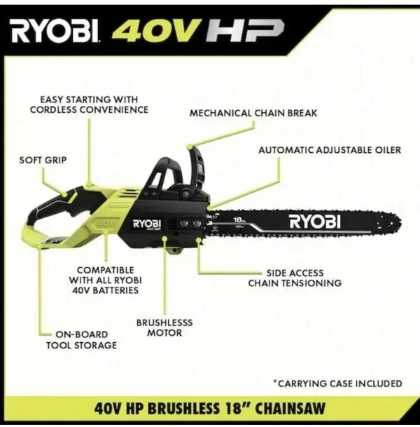 Ryobi 18 40V Cordless Chainsaw Kit with Battery & Charger, Green